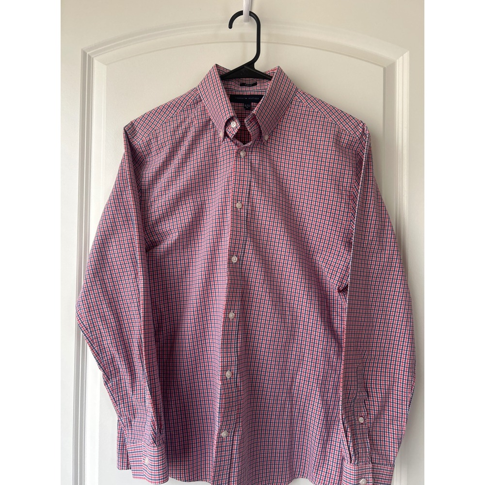 Tommy Hilfiger Mens Slim Fit Gingham Check Button Down Shirt Red Blue White M